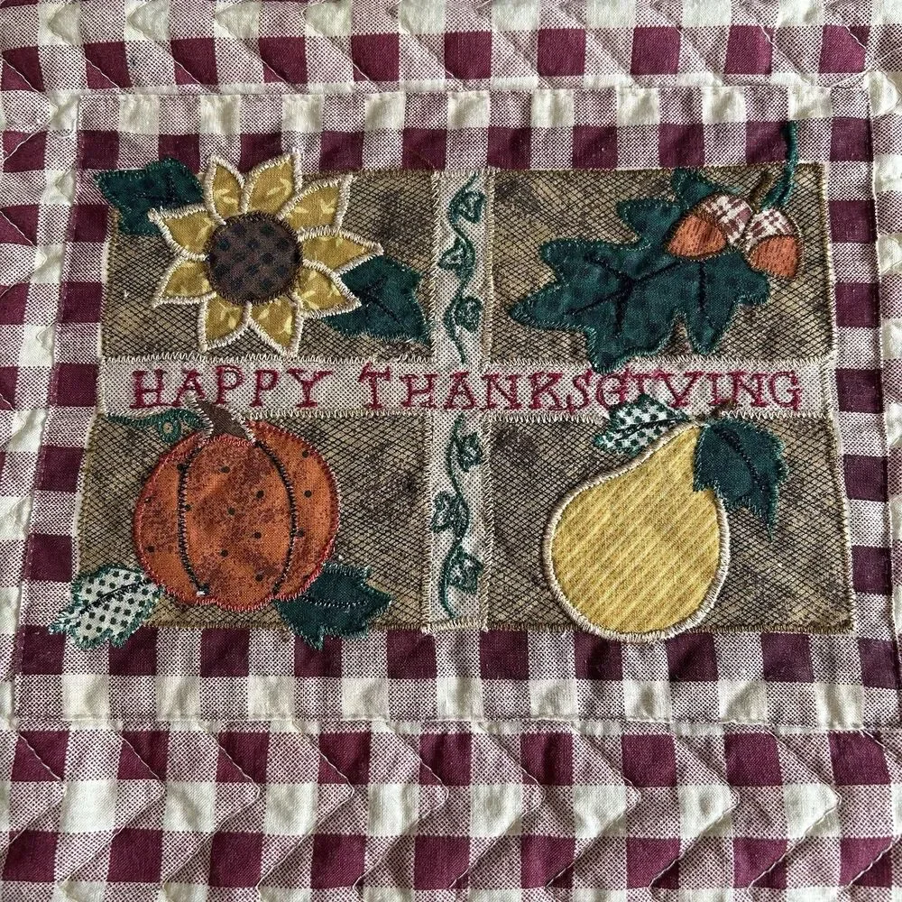 Table Runner Pot Holder Set Happy Thanksgiving Botanical Buffalo Check Maroon